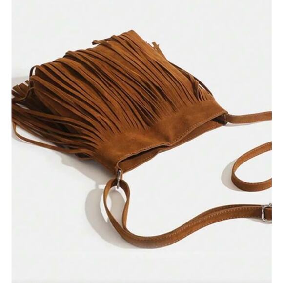 Boho Sueded Crossbody With Fringe New - Picture 2 of 4